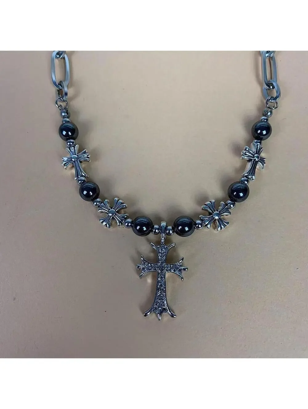 y2k 2000s style grunge chrome pearl rhinestone silver cross pendant Cuban link